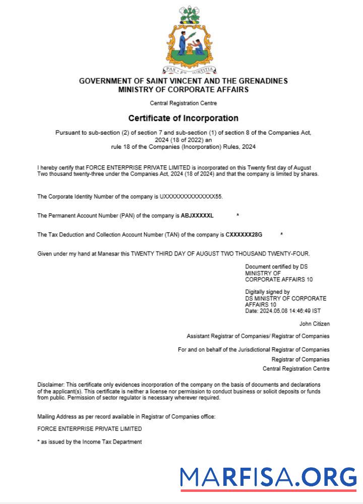 Downloadable Saint Vincent and the Grenadines business registration certificate Word and PDF template